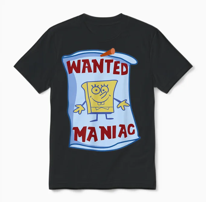 Mademark X Spongebob Squarepants - Spongebob Squarepants - Wanted: Maniac Unisex T-Shirt in Black
