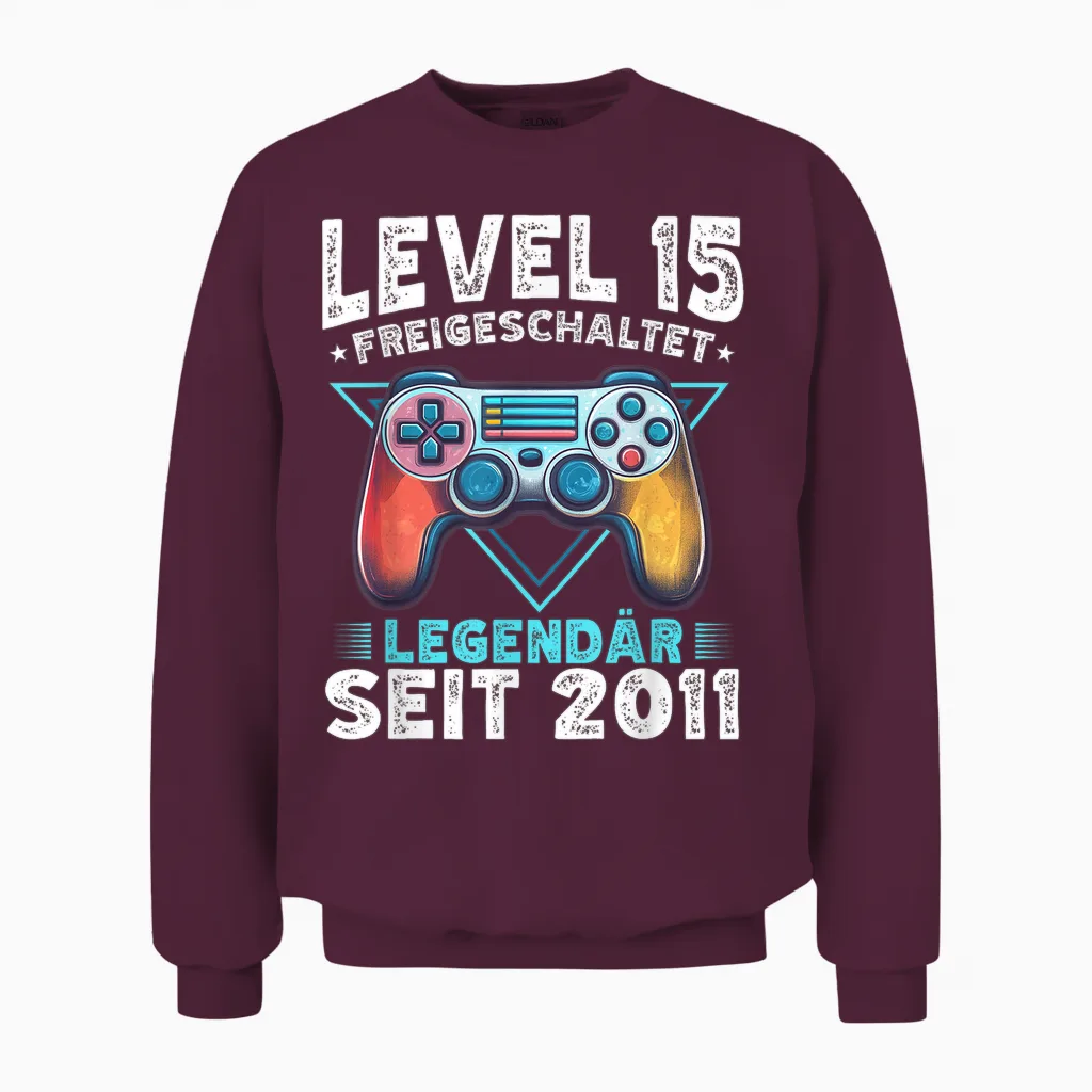 Level 15 Geburtstag Junge Gamer Mann Deko Jahrgang 2011 Unisex Sweatshirt in Maroon