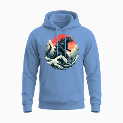 Vintage Japanese Kaiju Monster the Great Wave off Kanagawa Unisex Hoodie - Carolina Blue