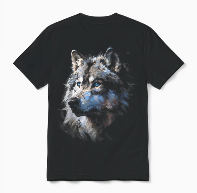 Alpha Wolf Dark Fantasy Art Graphic Blue Eyes Wolf Lovers T-Shirt, Black Unisex T-Shirt in Black