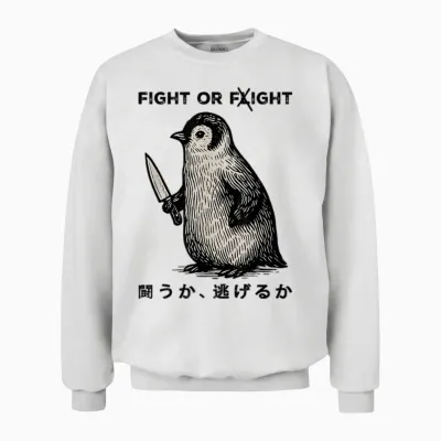 Funny Fight or Flight Meme Penguin with Knife Unisex Sweatshirt - White
