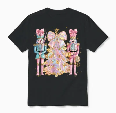 Coquette Christmas Tree Pink Nutcrackers Women Kids Girls Unisex T-Shirt - Black