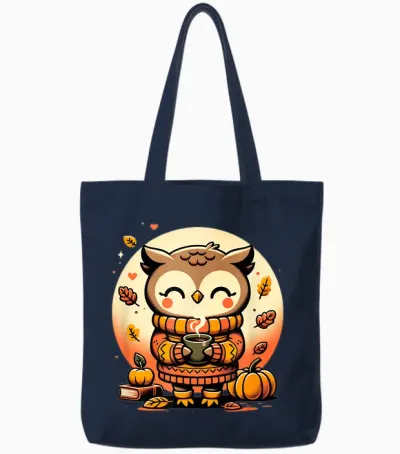 Cute Owl with Autumn Print Pullover T-Shirt, Black, S Tote Bags - Navy
