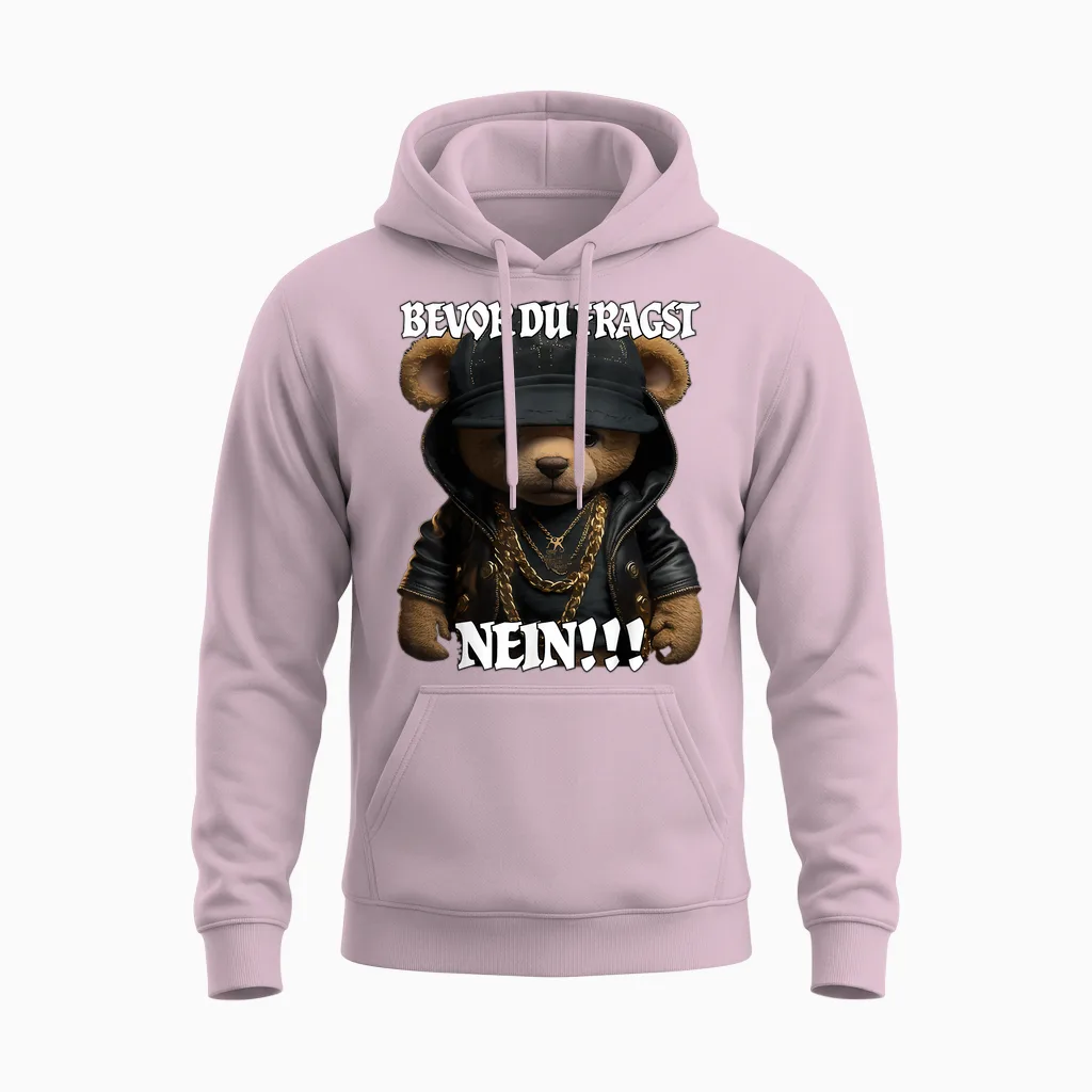 Bevor Du Fragst Nein Lustig Teddy Spruch Unisex Hoodie in Light Pink