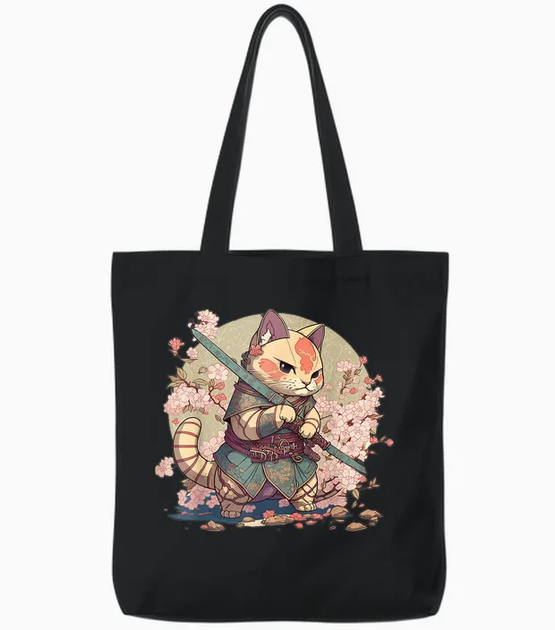 Japanese Samurai Warriors & Funny Kawaii Animes Samurai Cat Warrior Japanische Ninja-Katze Kawaii T-Shirt Schwarz Unisex Erwachsene Und Kinder Kurzarm T-Shirt Klein Tote Bags in Black