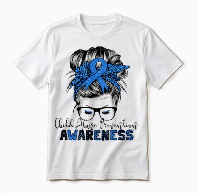 Child Abuse Prevention Awareness Messy Hair Bun Unisex T-Shirt in White
