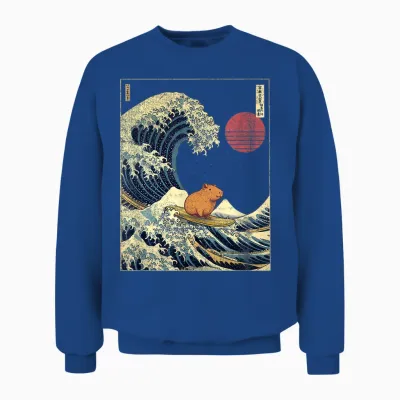 Capybara Japanese Kanagawa Wave Funny Surf Animal T-Shirt, Black Unisex Sweatshirt - Royal