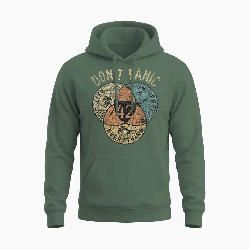 42 Answer to Life, the Universe and Everything No Panic T-Shirt, Black Unisex Hoodie in Military Green