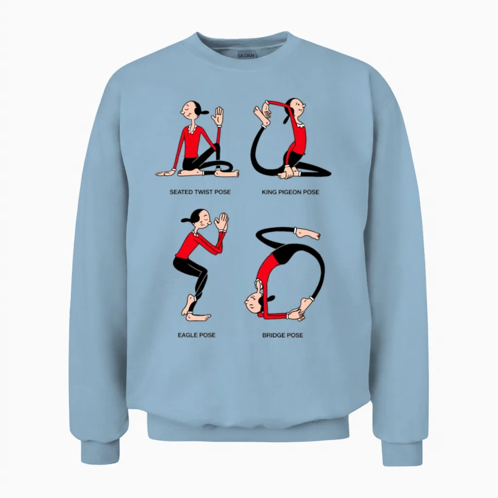 Popeye Olive Yoga Unisex Sweatshirt in Light Blue