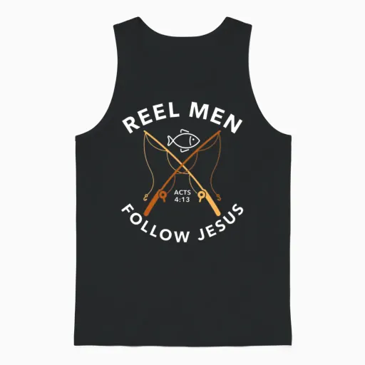 Reel Men, Follow Jesus, Acts 4:13, Fishing Theme Unisex Tank Top in Black