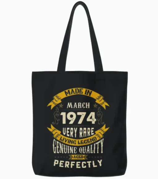 March 1974 Vintage Birthday Present Tote Bags in Black