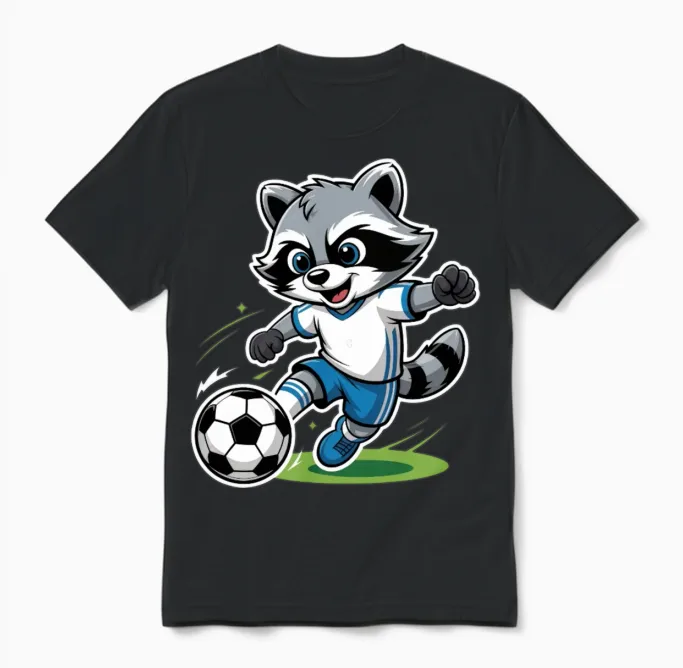 Raccoon Soccer Player Illustration Unisex T-Shirt in Black
