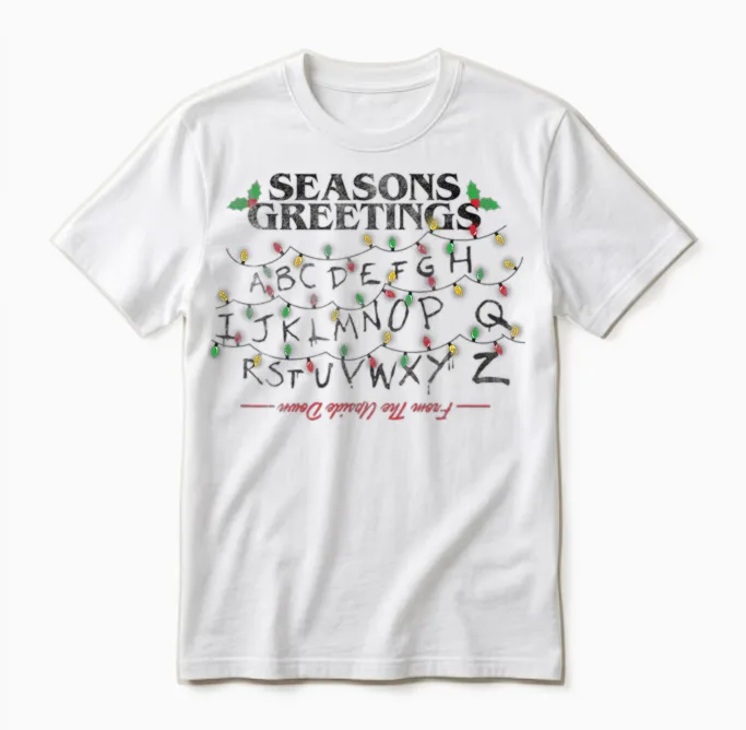 Stranger Things Christmas Greetings Upside Down Distressed Unisex T-Shirt in White