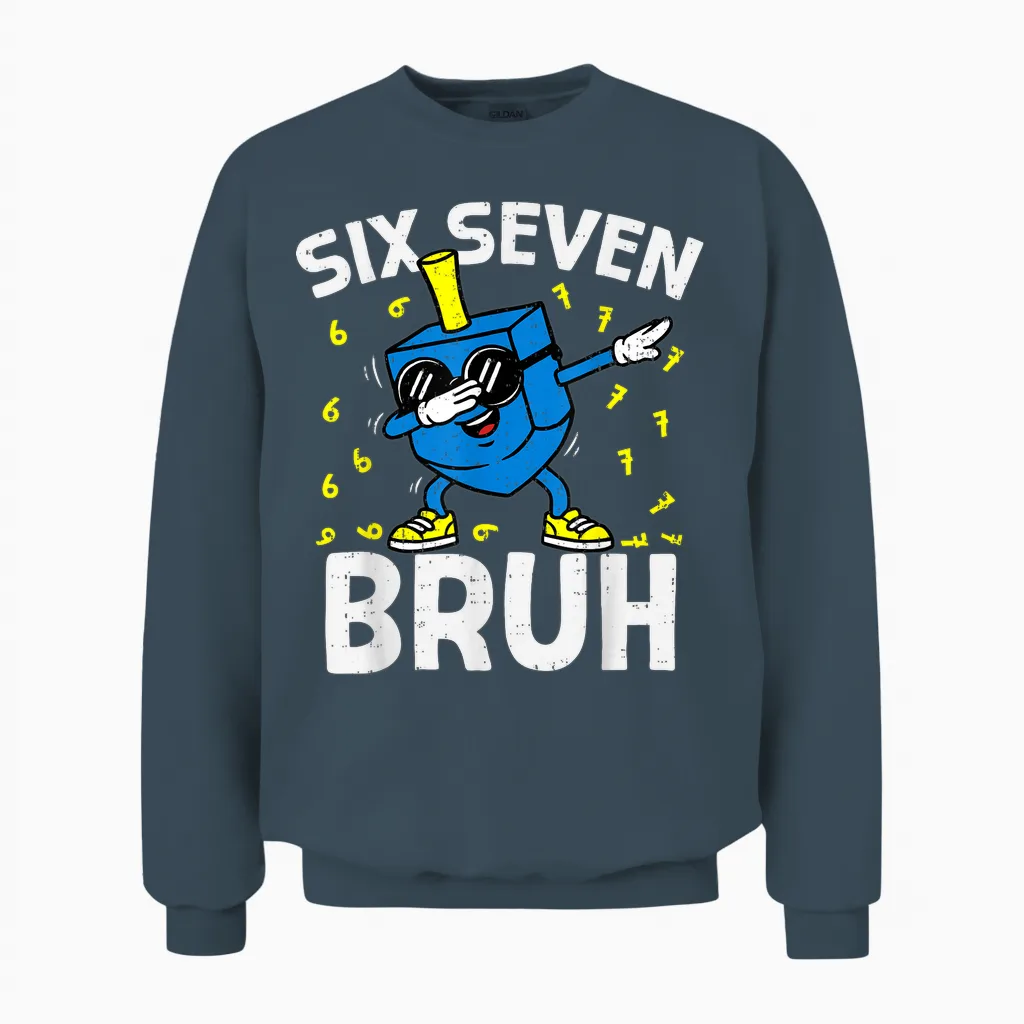 Boys Hanukkah 67 Six Seven Bruh Dabbing Dreidel Chanukah Kid Unisex Sweatshirt in Dark Heather