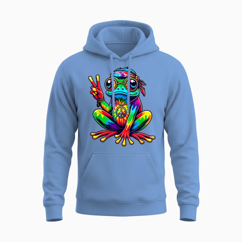 Hippie Tie-Dye Frog, 60s Party & 70s Costume, Peace Unisex Hoodie in Carolina Blue