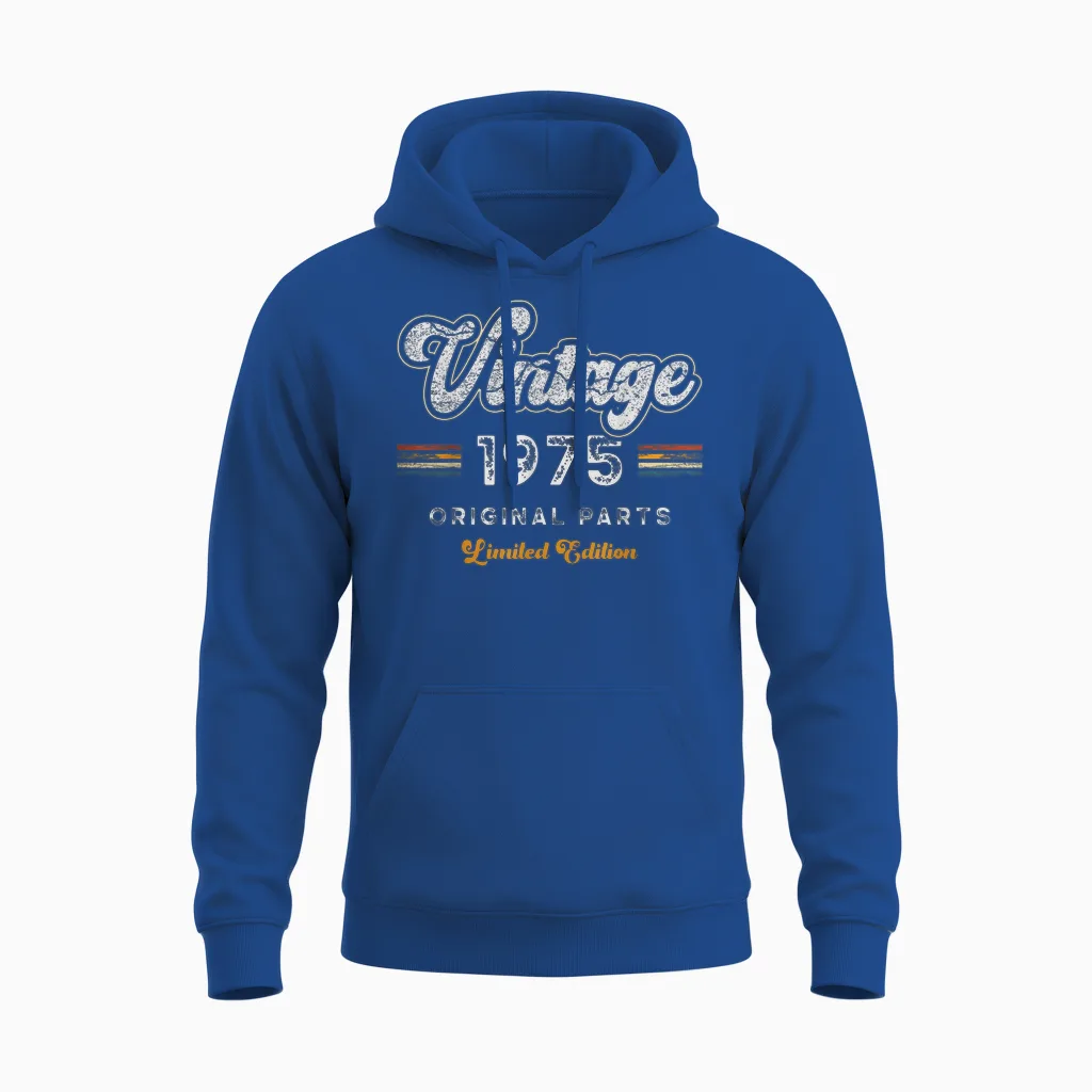 Vintage 1975 Original Parts 50th Birthday Unisex Hoodie in Royal