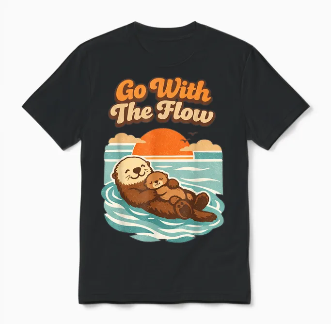 Go with the Flow Sea Otter Retro Animal Unisex T-Shirt in Black