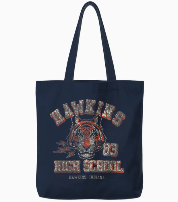 Stranger Things Hawkins High School Distressed Chest Tote Bags in Navy