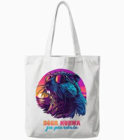 Synthwave Polish Beaver Meme Bober Kurwa Ja Pierdole Bobr T-Shirt, Black Tote Bags - White