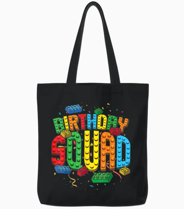 Birthday Squad Playing Bricks Brick Builder Block Building Tote Bags in Black