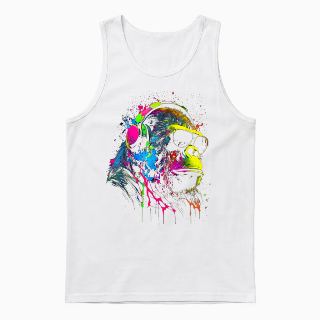 Monkey Dj with Headphones & Sunglasses Party Gorilla T-Shirt, Black Unisex Tank Top in White