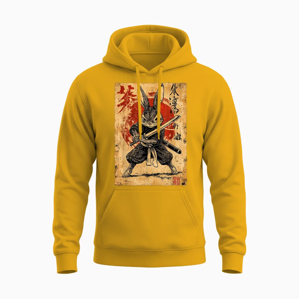Funny Vintage Art Japanese Rabbit Ninja Samurai Warrior T-Shirt, Black, S Unisex Hoodie in Gold