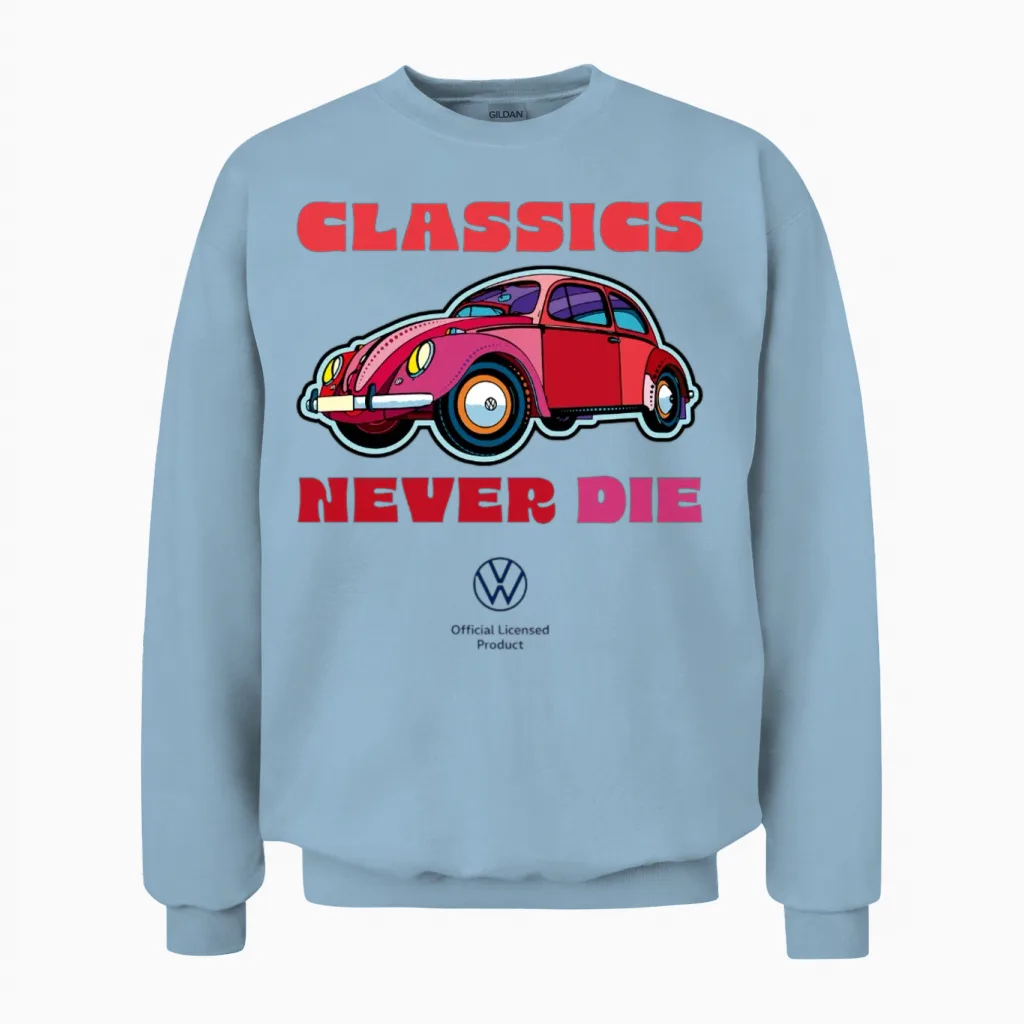 Volkswagen Vw Red Beetle with Logo and Lettering Unisex Sweatshirt in Light Blue