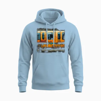 Trains Graffiti Style Street Art T-Shirt, Black Unisex Hoodie - Light Blue