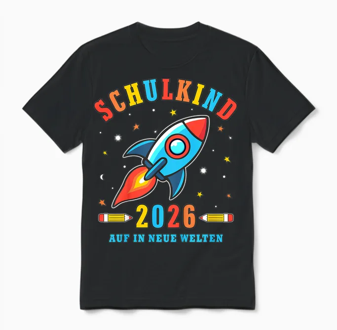 Kinder Schulkind 2026 Auf in Neue Welten Rakete Jungen Unisex T-Shirt in Black