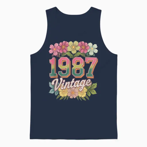 Vintage 1987 Retro Born Flowers, Birthday, Girl, Women's T-Shirt, Black, S Unisex Tank Top in Navy