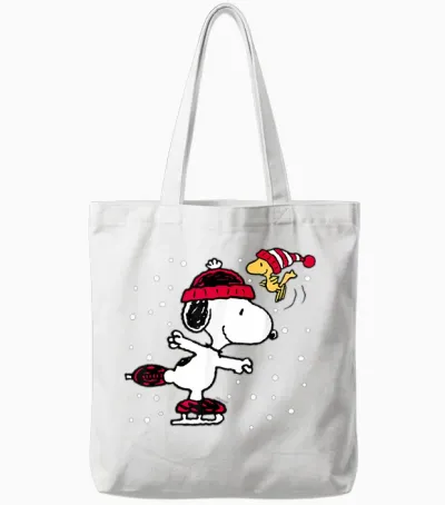 Peanuts Snoopy and Woodstock Skate Holiday Short Sleeve Tote Bags - White