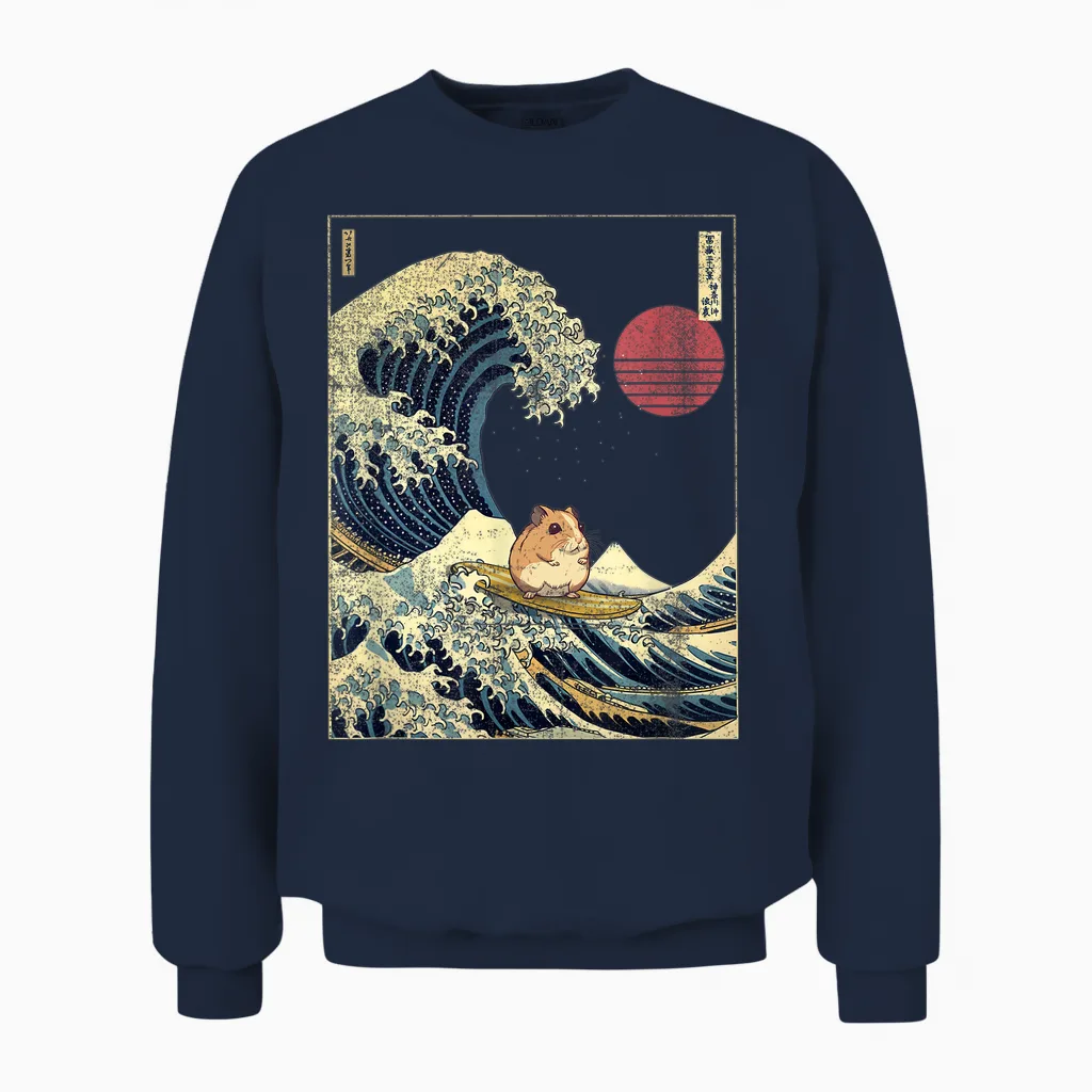 Hamster Kanagawa Wave Funny Surf Animal T-Shirt, Black Unisex Sweatshirt in Navy