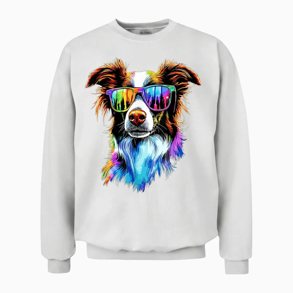 Border Collie with Sunglasses Soft Border Collies T-Shirt, Black, S Unisex Sweatshirt in White