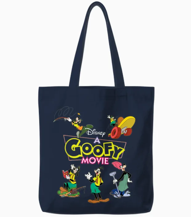 Disney a Goofy Movie 30th Anniversary Goofy's Goof Moments T-Shirt, Black, S Tote Bags in Navy