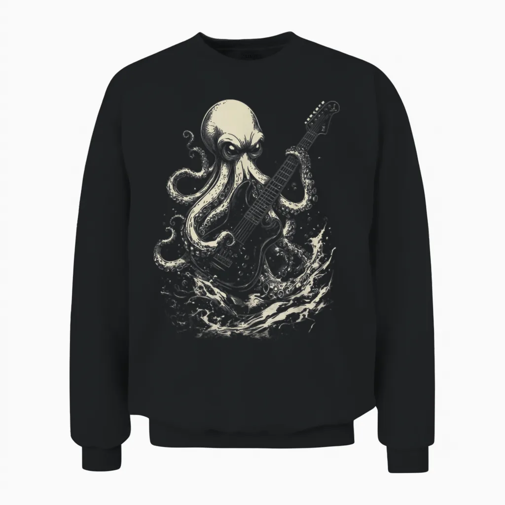 Guitar Octopus Heavy Metal Head Funny Guitarist T-Shirt, Black, S Unisex Sweatshirt in Black