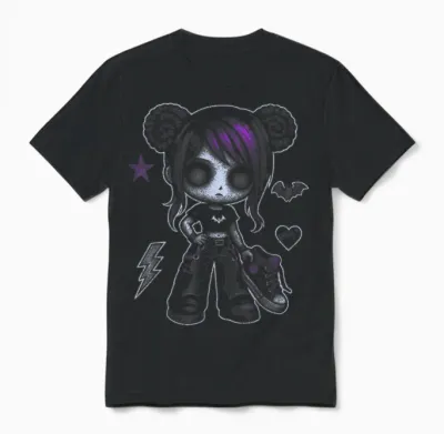 Emo Girl with Purple Highlights and Bat Goth Girl Unisex T-Shirt - Black