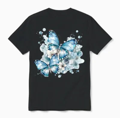 Schmetterlinge Mit Blumen in Blau Schmetterlinge Für Damen Unisex T-Shirt - Black