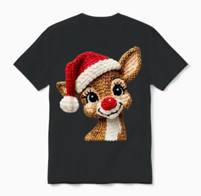 Cute Reindeer Rudolph Crochet Christmas Xmas Pajamas Holiday Unisex T-Shirt - Black
