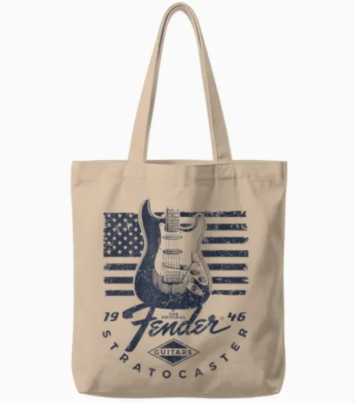 Fender 1946 Stratocaster American Flag Backdrop Tote Bags in Natural