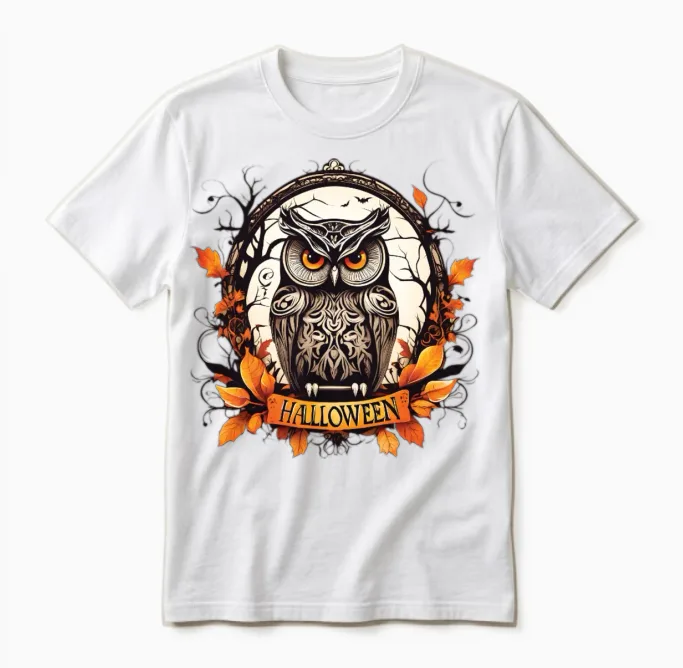 Ornate Owl Halloween Emblem Unisex T-Shirt in White