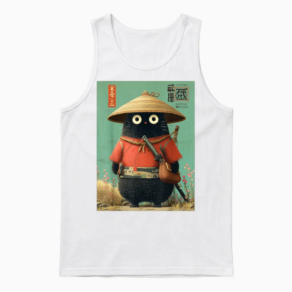 Chat Japonais Vintage Samouraï Sumi-E Traveler Warrior Anime Unisex Tank Top in White