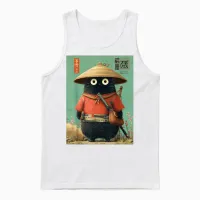 Chat Japonais Vintage Samouraï Sumi-E Traveler Warrior Anime Unisex Tank Top in White - 1