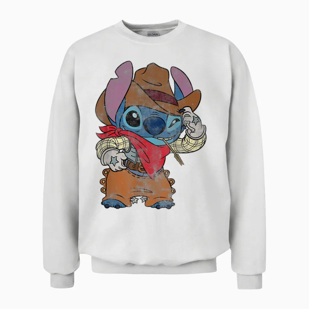 Disney Stitch Cowboy Costume Western Vintage Look T-Shirt, Black, S Unisex Sweatshirt in White