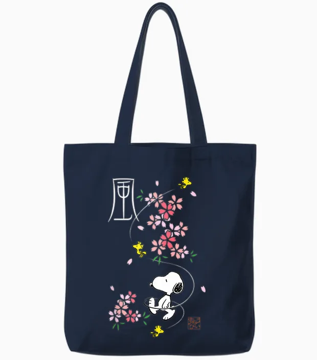 Peanuts Snoopy & Woodstock Japanese Cherry Blossoms T-Shirt, Blue, S Tote Bags in Navy
