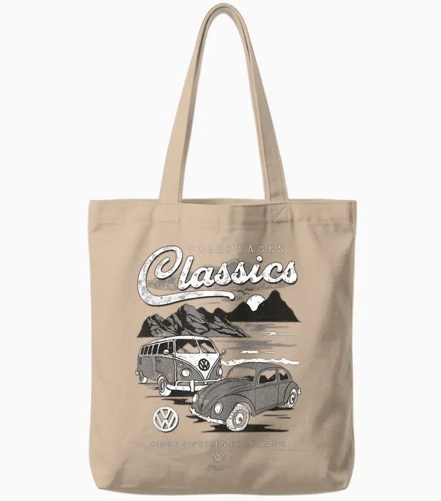 Volkswagen Beetle & Type 2 T1 Campervan Classics T-Shirt, Black, S Tote Bags in Natural
