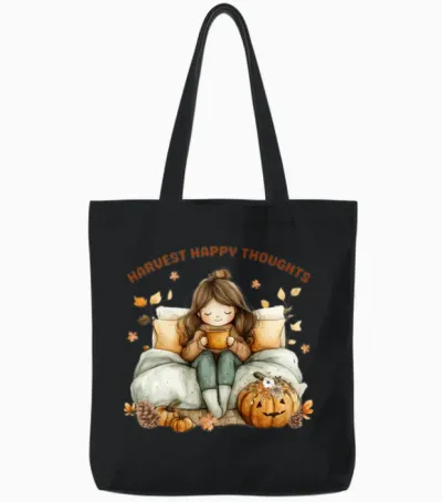 Harvest Cozy Autumn Girl Illustration Tote Bags - Black