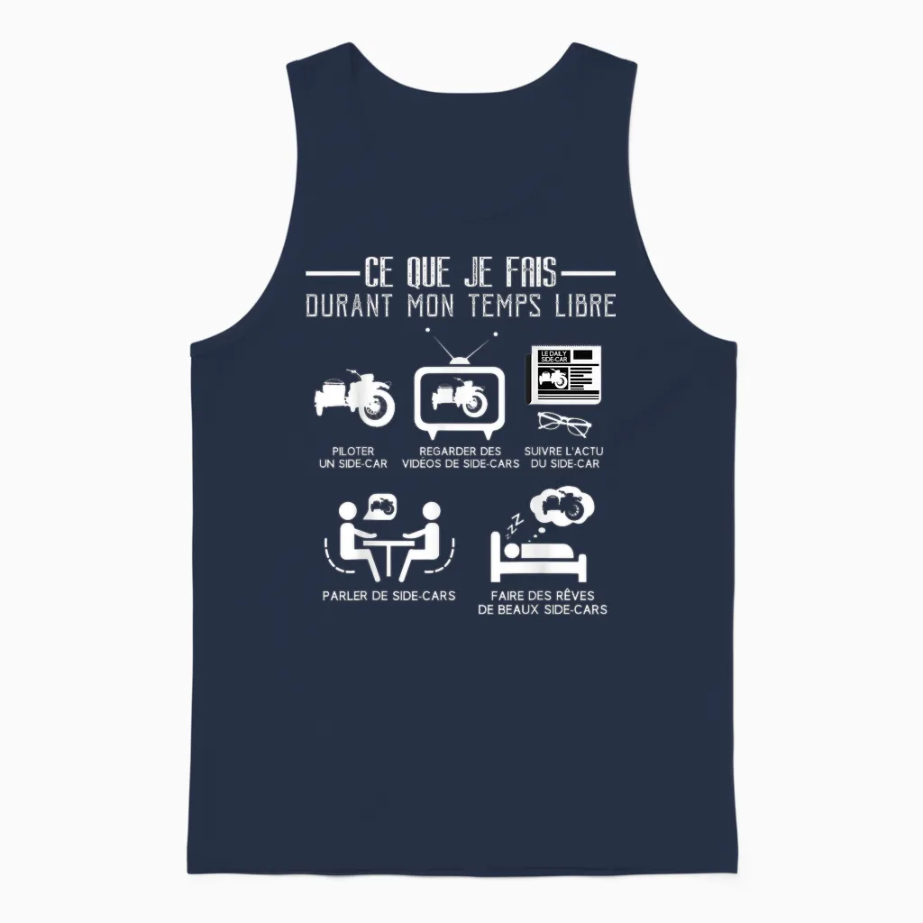 Side-Car Free Time Funny Quote Humour Passion T-Shirt, Black, S Unisex Tank Top in Navy