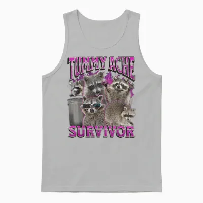 Tummy Ache Survivor Funny Raccoon Meme Bootleg Graphic 90s T-Shirt, Black Unisex Tank Top - Ash