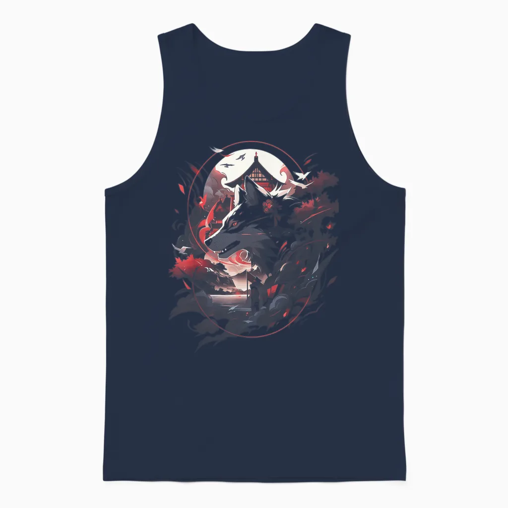Japanese Wolf Wolves Mythology Nature Anime Otaku Unisex Tank Top in Navy