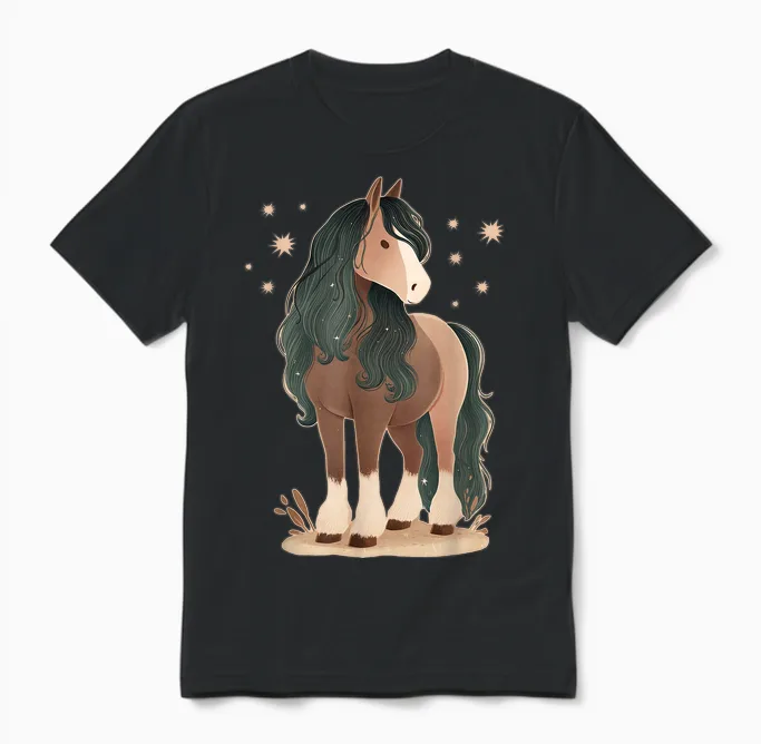 Pferd Mit Sternen Pferdemotiv Mädchen Unisex T-Shirt in Black
